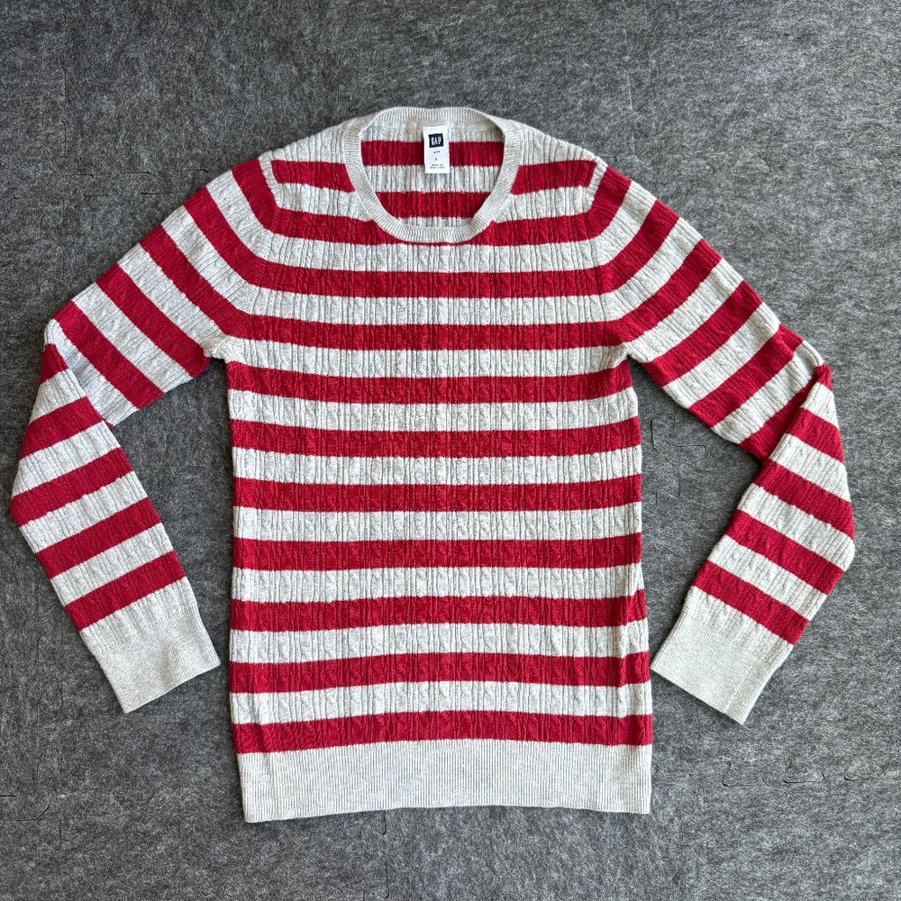 GAP Grey Red Striped Lightweight Cable Knit Sweater Women's L Fitted Stretch